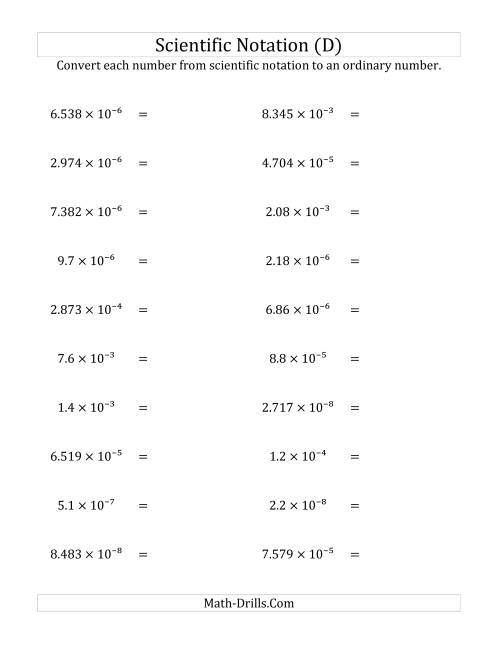 The Converting Scientific Notation to Ordinary Numbers (Small Only) (D) Math Worksheet