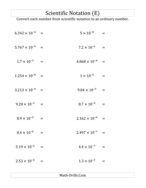 The Converting Scientific Notation to Ordinary Numbers (Small Only) (E) Math Worksheet