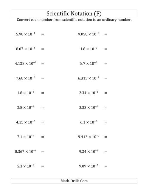 The Converting Scientific Notation to Ordinary Numbers (Small Only) (F) Math Worksheet