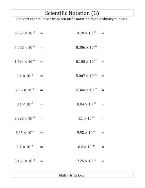 The Converting Scientific Notation to Ordinary Numbers (Small Only) (G) Math Worksheet
