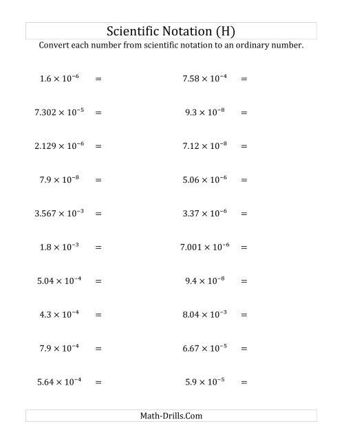 The Converting Scientific Notation to Ordinary Numbers (Small Only) (H) Math Worksheet