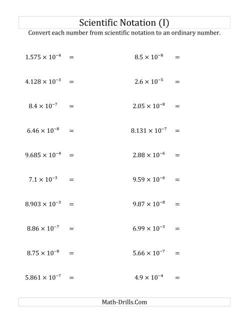 The Converting Scientific Notation to Ordinary Numbers (Small Only) (I) Math Worksheet