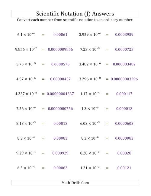 The Converting Scientific Notation to Ordinary Numbers (Small Only) (J) Math Worksheet Page 2