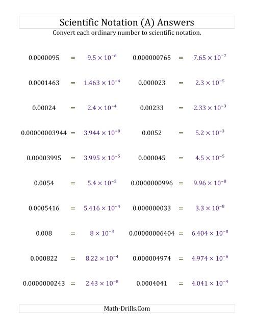The Converting Ordinary Numbers to Scientific Notation (Small Only) (A) Math Worksheet Page 2