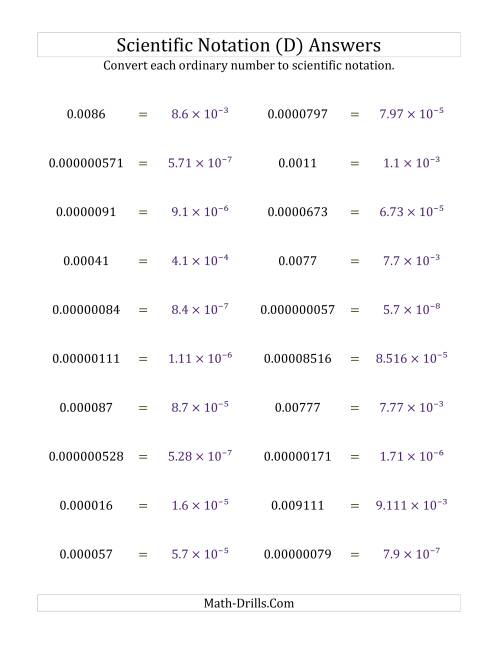 The Converting Ordinary Numbers to Scientific Notation (Small Only) (D) Math Worksheet Page 2