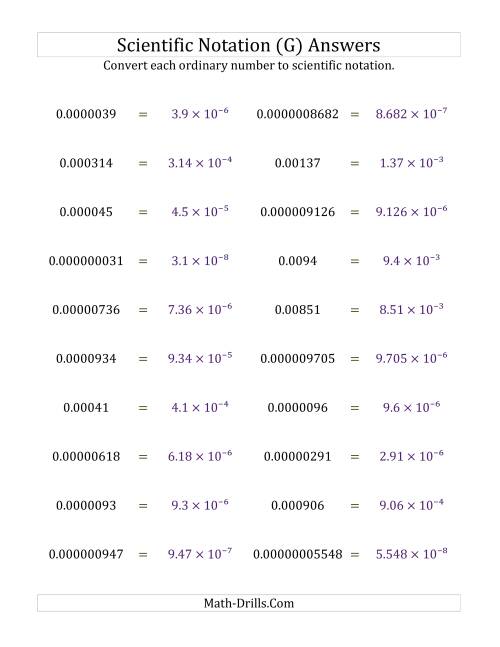 The Converting Ordinary Numbers to Scientific Notation (Small Only) (G) Math Worksheet Page 2