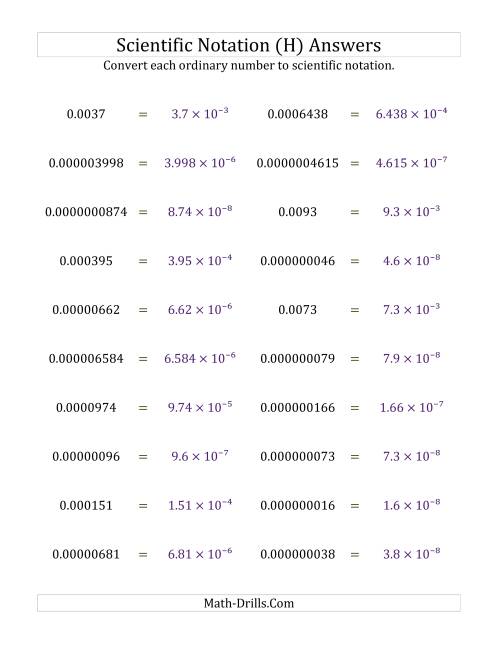 The Converting Ordinary Numbers to Scientific Notation (Small Only) (H) Math Worksheet Page 2