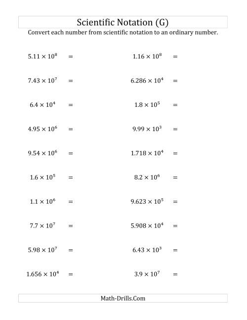 The Converting Scientific Notation to Ordinary Numbers (Large Only) (G) Math Worksheet