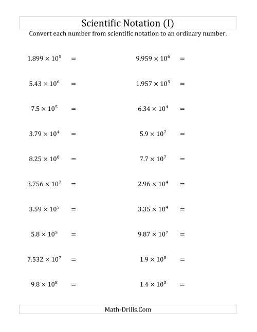 The Converting Scientific Notation to Ordinary Numbers (Large Only) (I) Math Worksheet
