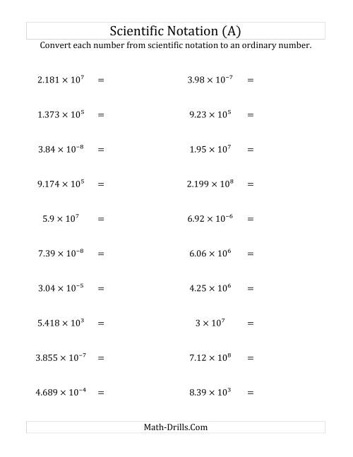 standard form notation worksheet Converting Scientific Notation to Ordinary Numbers (A)