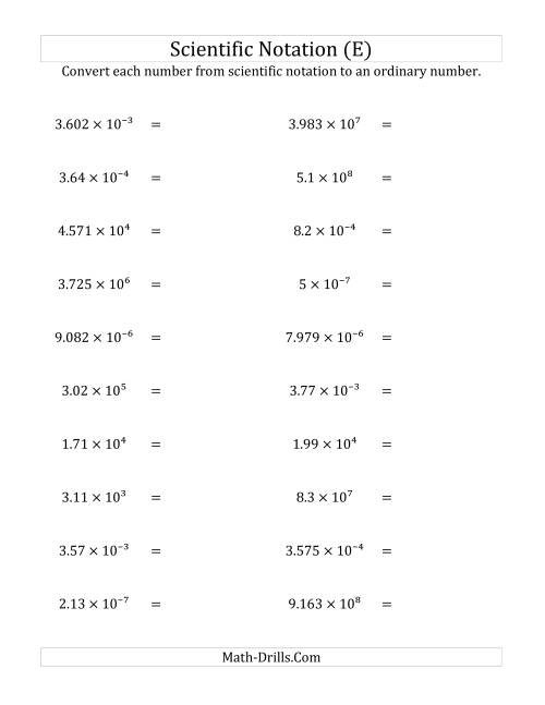 The Converting Scientific Notation to Ordinary Numbers (E) Math Worksheet