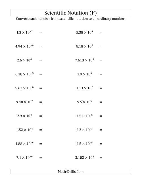 The Converting Scientific Notation to Ordinary Numbers (F) Math Worksheet