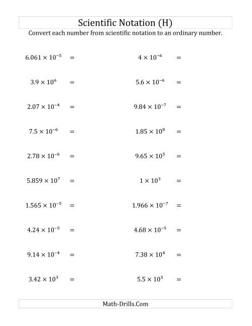 The Converting Scientific Notation to Ordinary Numbers (H) Math Worksheet
