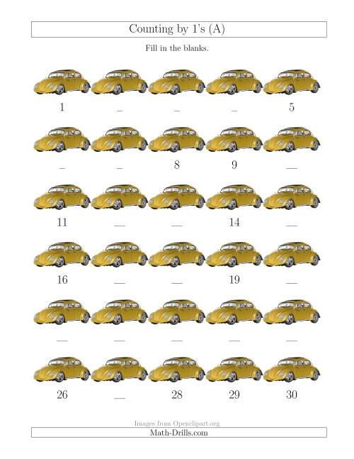 The Counting by 1's with Cars (A) Math Worksheet
