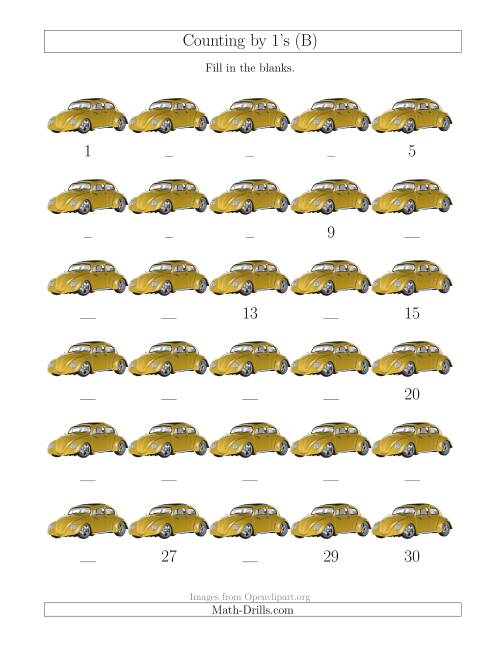 The Counting by 1's with Cars (B) Math Worksheet