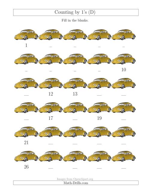 The Counting by 1's with Cars (D) Math Worksheet