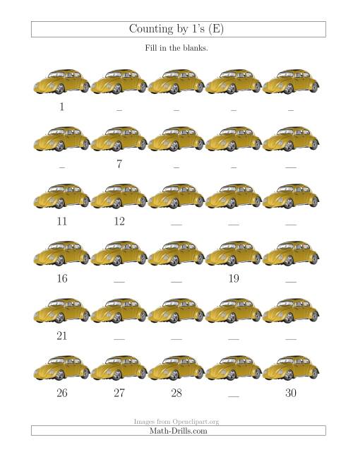 The Counting by 1's with Cars (E) Math Worksheet