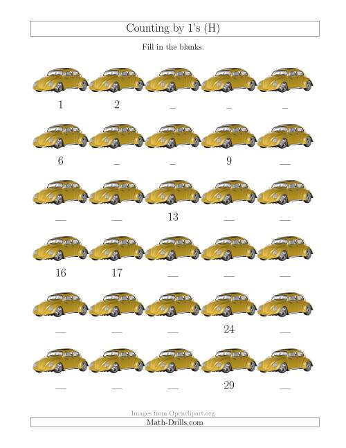 The Counting by 1's with Cars (H) Math Worksheet