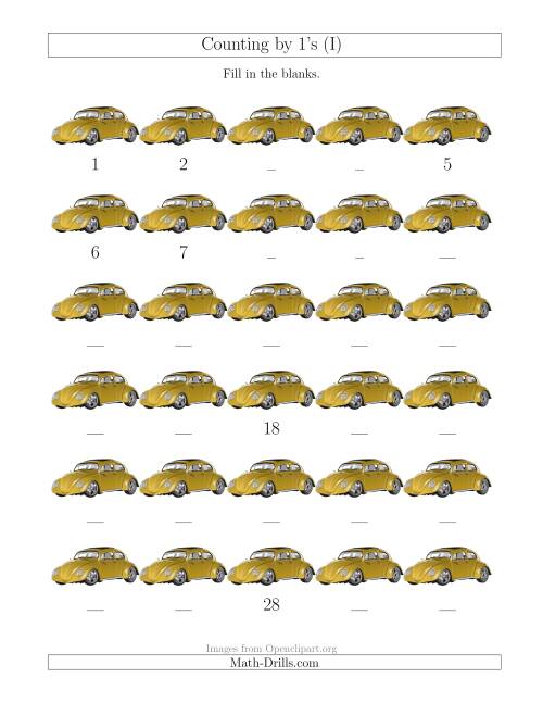 The Counting by 1's with Cars (I) Math Worksheet