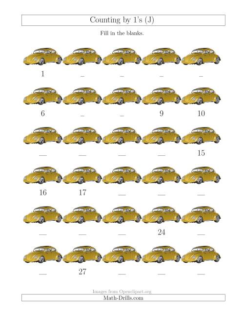 The Counting by 1's with Cars (J) Math Worksheet