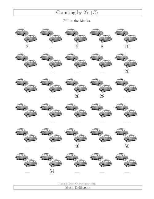 The Counting by 2's with Cars (C) Math Worksheet