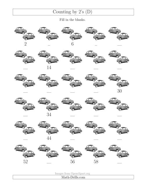 The Counting by 2's with Cars (D) Math Worksheet