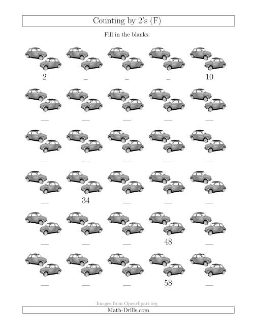 The Counting by 2's with Cars (F) Math Worksheet