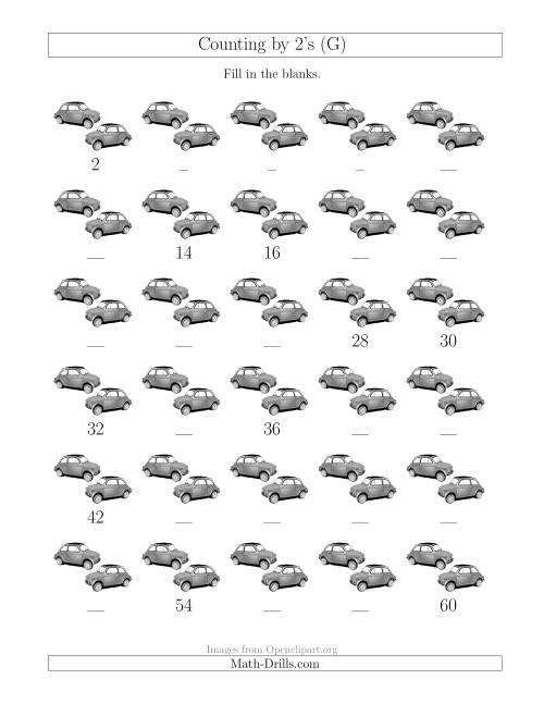 The Counting by 2's with Cars (G) Math Worksheet