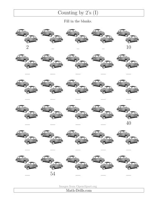 The Counting by 2's with Cars (I) Math Worksheet
