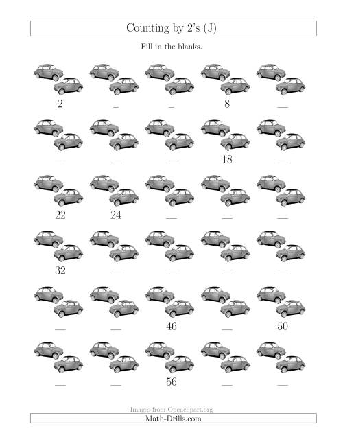 The Counting by 2's with Cars (J) Math Worksheet