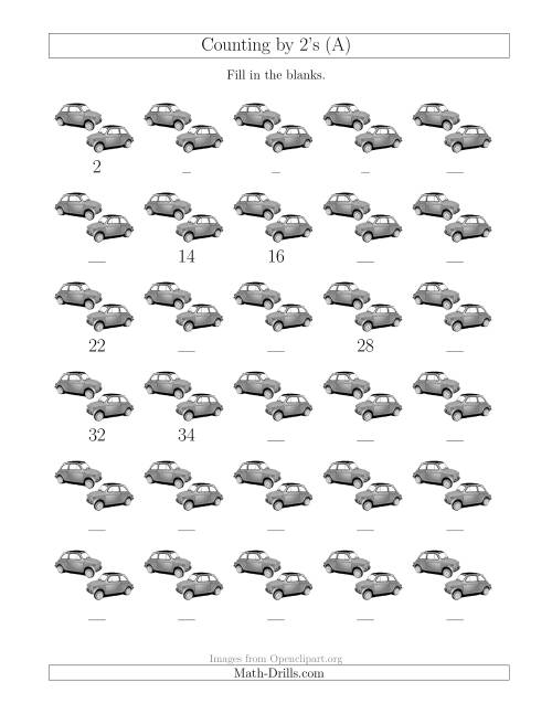 The Counting by 2's with Cars (All) Math Worksheet