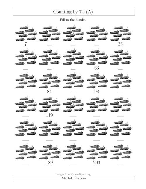 The Counting by 7's with Cars (A) Math Worksheet
