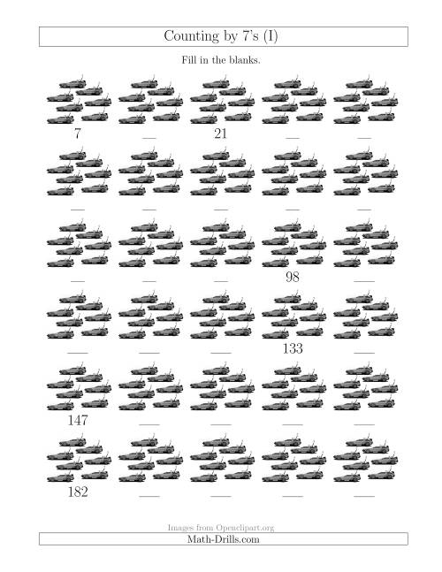 The Counting by 7's with Cars (I) Math Worksheet