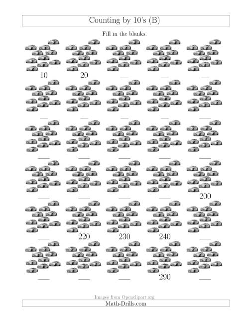 The Counting by 10's with Cars (B) Math Worksheet
