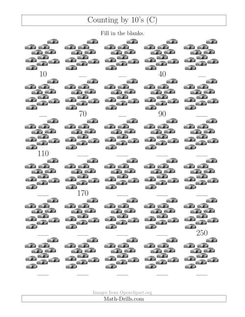 The Counting by 10's with Cars (C) Math Worksheet