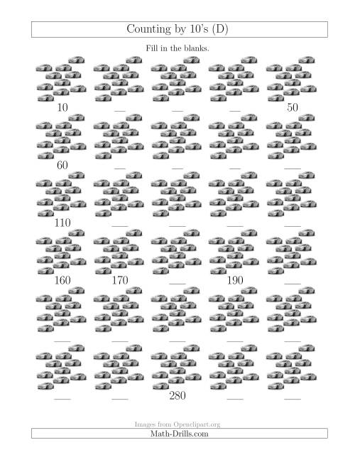 The Counting by 10's with Cars (D) Math Worksheet