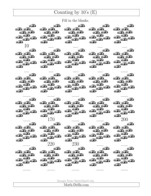 The Counting by 10's with Cars (E) Math Worksheet