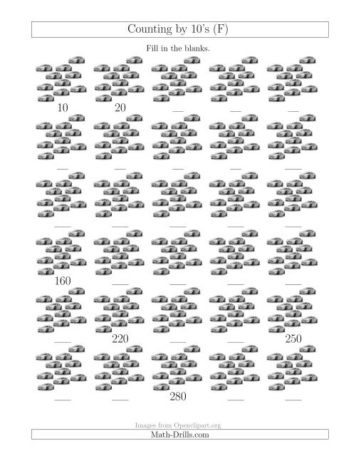 The Counting by 10's with Cars (F) Math Worksheet