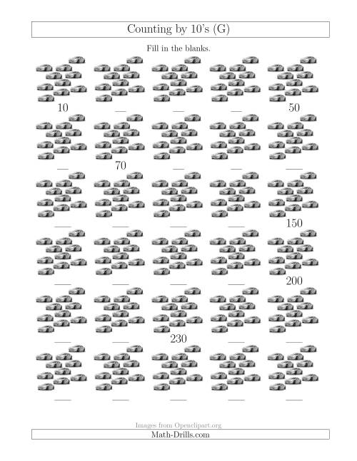 The Counting by 10's with Cars (G) Math Worksheet