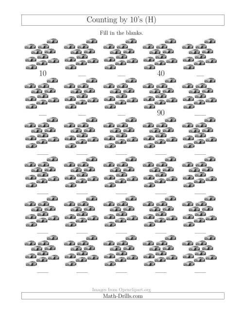 The Counting by 10's with Cars (H) Math Worksheet