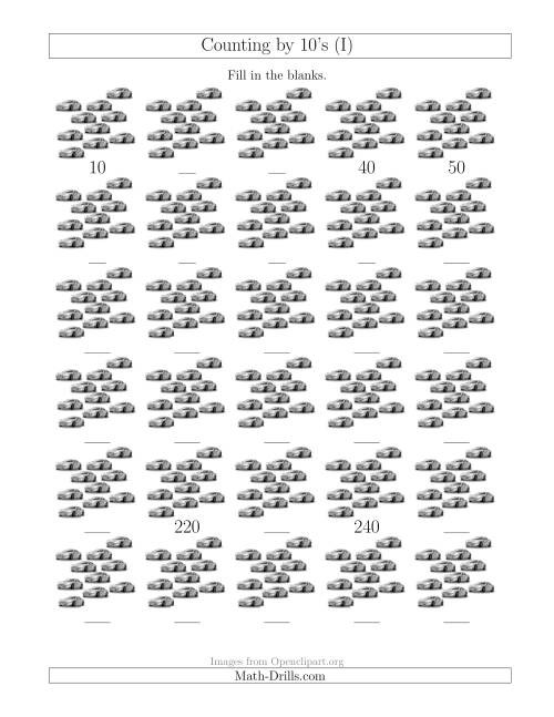 The Counting by 10's with Cars (I) Math Worksheet