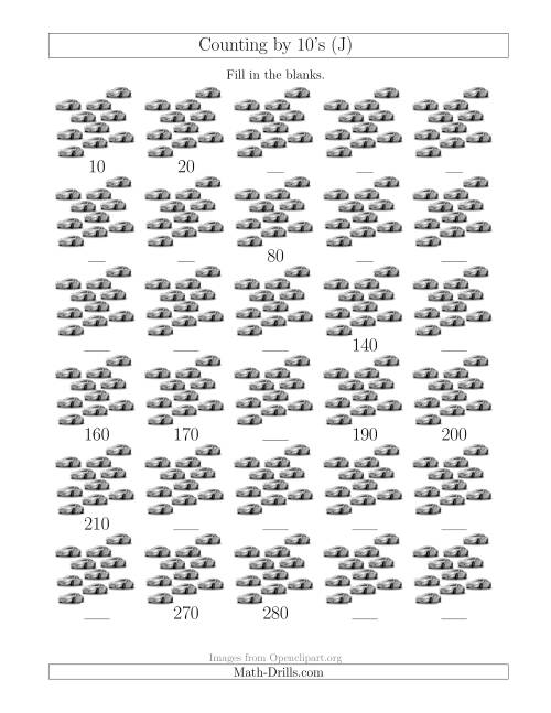 The Counting by 10's with Cars (J) Math Worksheet