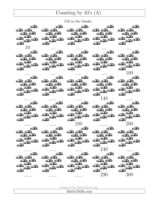 The Counting by 10's with Cars (All) Math Worksheet