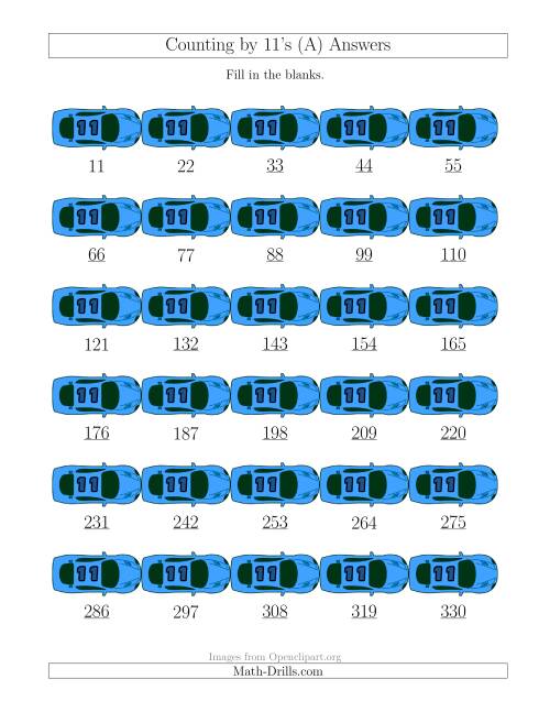 The Counting by 11's with Cars (A) Math Worksheet Page 2