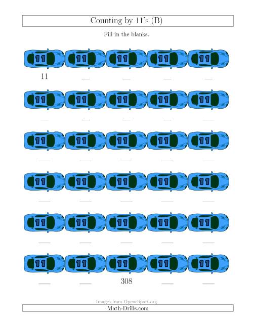 The Counting by 11's with Cars (B) Math Worksheet