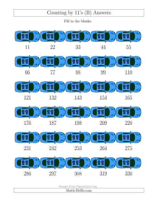 The Counting by 11's with Cars (B) Math Worksheet Page 2