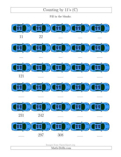 The Counting by 11's with Cars (C) Math Worksheet