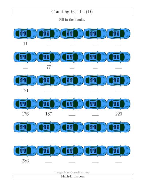The Counting by 11's with Cars (D) Math Worksheet