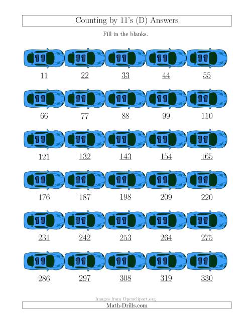 The Counting by 11's with Cars (D) Math Worksheet Page 2