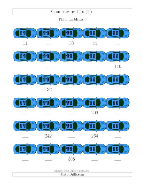 The Counting by 11's with Cars (E) Math Worksheet